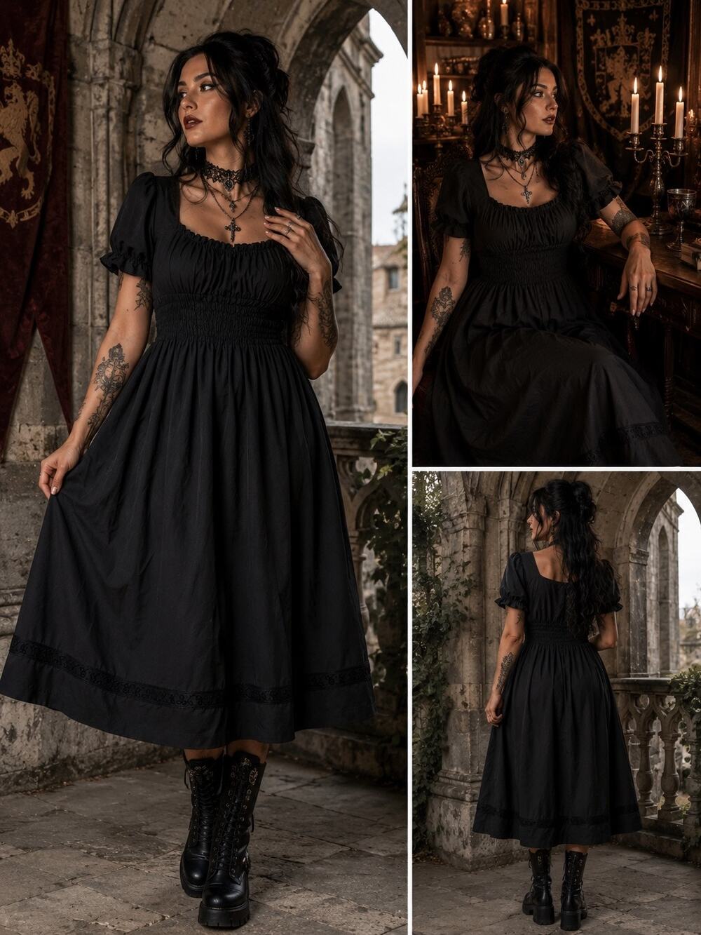 Scarlet Darkness Dress XL Blk Cottagecore Puff Sleeve Midi Dress Gothic Prairie